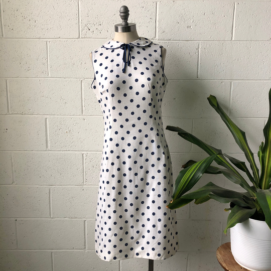 60S Vintage White & Navy Blue Polka Dot Linen Peter Pan Collar Keyhole Tie Neck Pencil Midi Dress Sz L