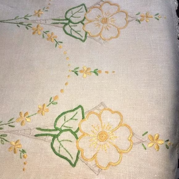 Vintage Dresser Scarf Table Runner Hand Embroidered Yellow Green Linen