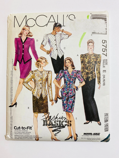 Mccall's 5757 Bust 36" 38" 40" Vintage Sewing Pattern 1990S 90S 1992 Puff Blazer Jacket Midi Long Maxi Pencil Skirt Suit