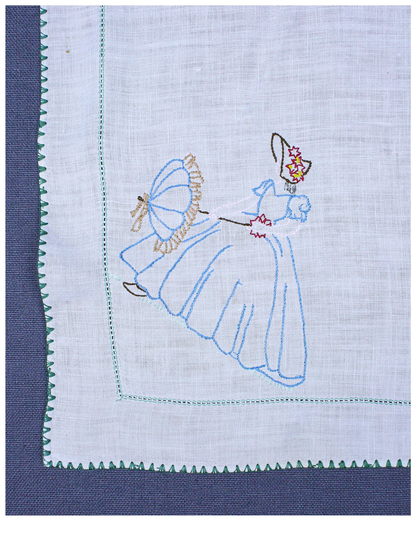 Vintage Embroidered Linen Table Runner With Old Fashioned Lady Figure