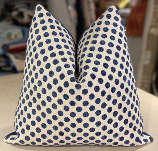 Pair Kravet Design Kate Spade Navy "Posie Dot" Polka Dot Chenille Custom Pillows - Couture Wool Back 20" Square 1 Pair Available