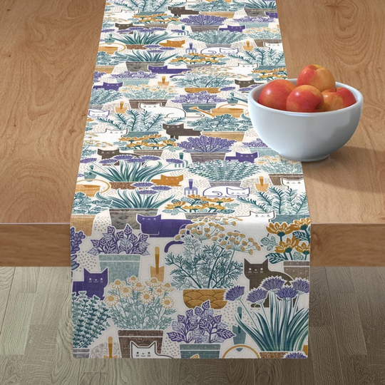 Whimsical Cats Table Runner - Herb Garden With By Patricia Lima Modern Botanical Teal Green Cotton Sateen Spoonflower
