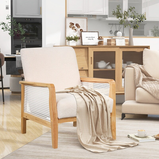 Living Room Velvet Armchair, Rattan Mesh Upholstered Accent Chair