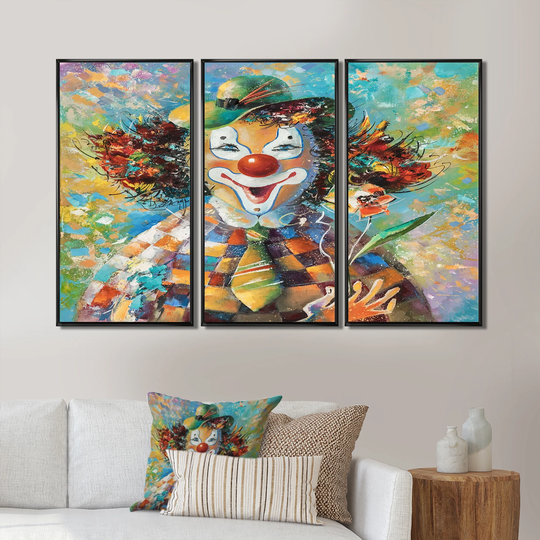 Designart 'Colorful Clown With A Flowers' Children's Art Framed Artwork Set of 3 - 4 Colors of Frames