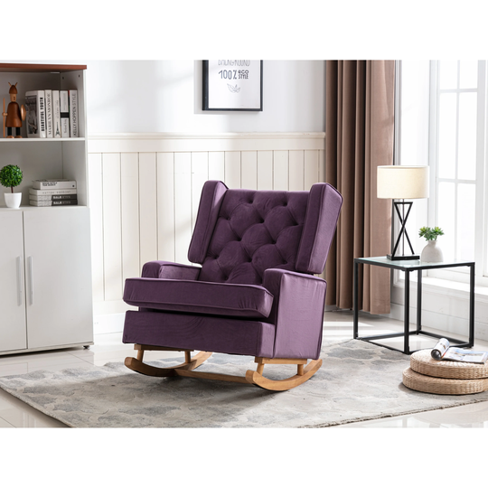 Nursery Rocking Chair Upholstered Mid Century Modern Rocker Oversized Wingback Armchair for Living Room with Two Leg, Purple