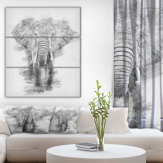 Designart 'Black and White Elephant Pencil ketch' Animals Print on Wrapped Canvas set - 28x36 - 3 Panels