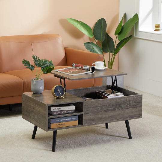 39.4 Inch Lift Top Coffee Table with Storage Shelf and Hidden Compartment, Wooden Rising Coffee Tabletop Computer Table