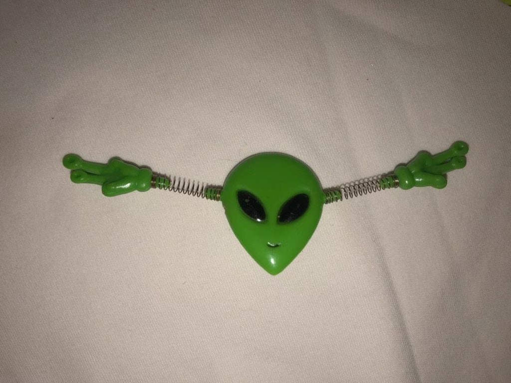 Vintage Alien Pencil Topper Springy Arms Peace Sign With Green Face