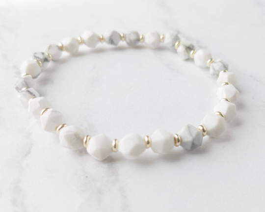 Delicate White Howlite Semi-Precious Gemstone Bracelet | 6mm & Gray Elastic Stackable