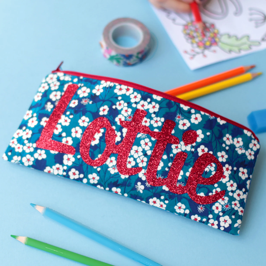 Name Pencil Case - Glitter Liberty Personalised Gift For Friend Zip Pouch School Supplies Stationery Blue Floral Personalized