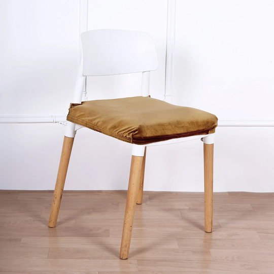 stretch Dining Chair Seat Cover, Pad Velvet Cushion Protector With Tie - Gold