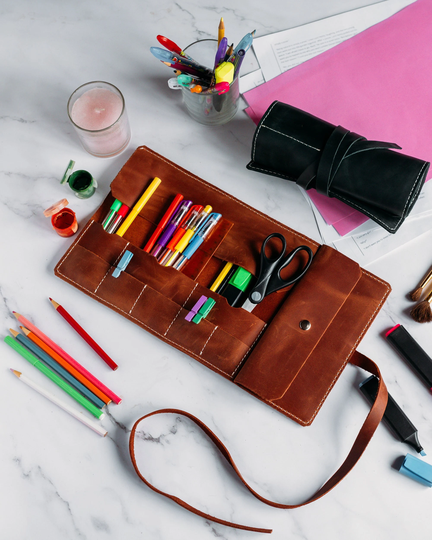 Personalized Roll Up Pencil Case, Leather Pen Roll, Anniversary Gift For Brother
