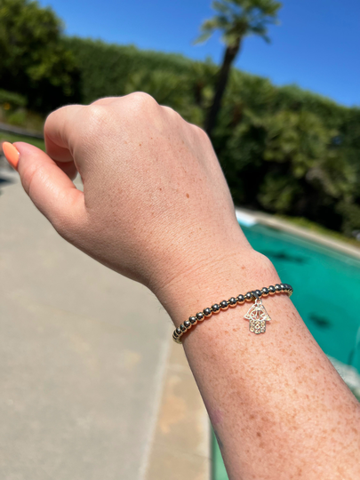 14K Gold Hamsa Charm Beaded Bracelet - Stackable Stretch With