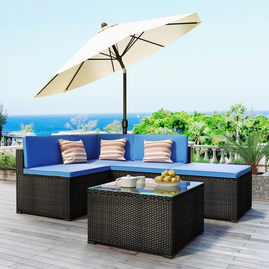 5-Pcs Patio Rattan PE Wicker Furniture Corner Sectional Sofa Set, with 2 Sofa Chairs, Corner Chair, Ottoman,Table Blue