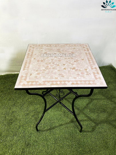 Mosaic Table Square Rose Pink 100% Handcrafted For Indoor & Outdoor, Cutomizable Colors Pattern, Built With Mid-Century Modern Styling