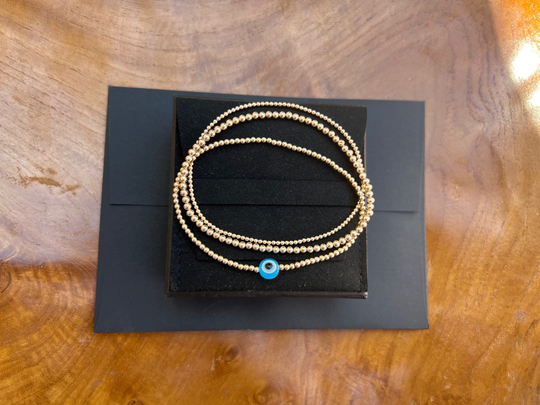 10K Set Of 3 Yellow Gold Beaded Bracelet With Evileye Bead - Stretch Elastic Style Stackable
