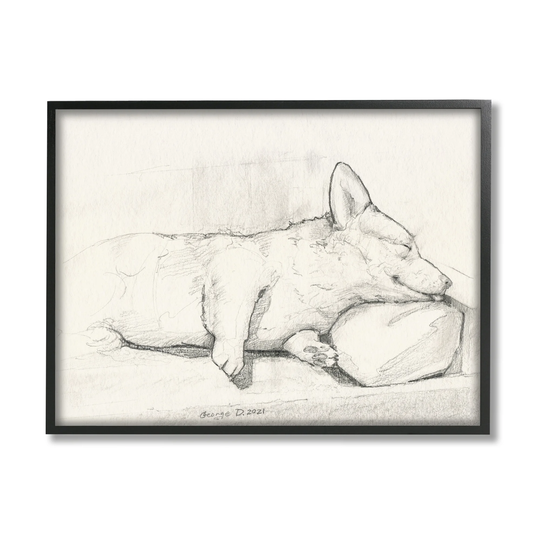 Stupell Industries Corgi Dog Lolling Tongue Graphite Pencil Sketch Framed Wall Art, Design by George Dyachenko - Off-White