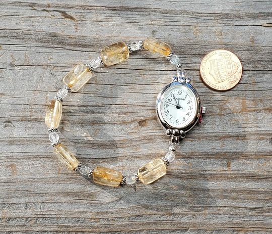 Citrine & Swarovski Crystal Ab Beaded Watch, Very Durable Stretchy Band, Yellow Gemstone Beaded Watch, Two Tone Watch Face