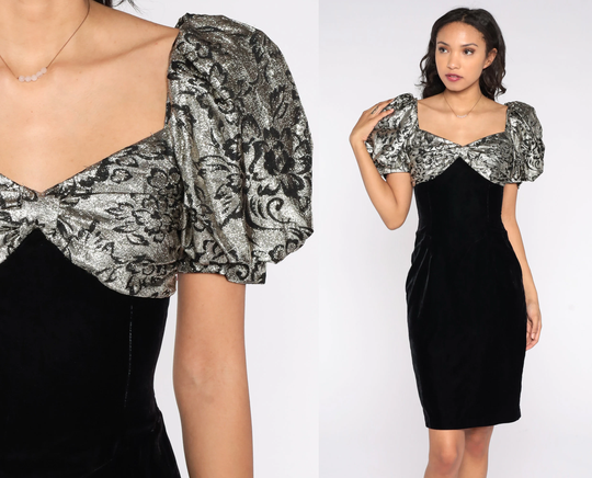 Velvet Wiggle Dress 80S Black Puff Sleeve Pencil Metallic Floral Sparkly Glam Party Cocktail Vintage 1980S Retro Fitted Extra Small Xs