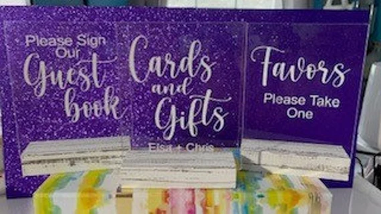 Set Of 3 Wedding Table Signs; Personalized Acrylic; Clear Mini Cards & Gifts; Guest Table; Favors; 5x6