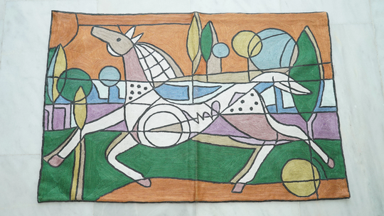 Silk Wall Hanging, Modern Handmade Tapestry, Woven Animal Motif Decor, Minimalist Small Size Art, Table Cloth Rectangle
