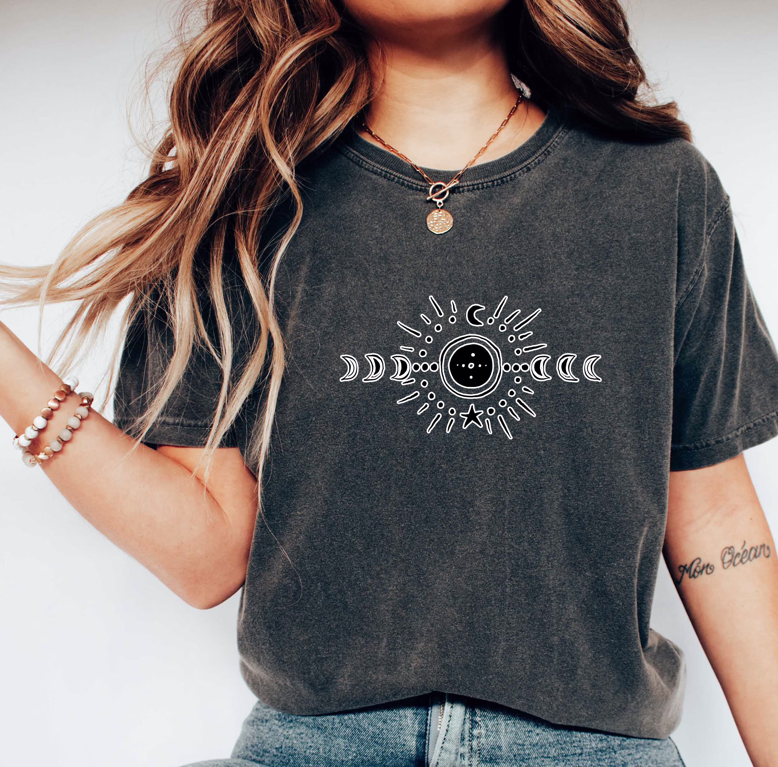 Comfort Colors Celestial Shirt, Hand Drawn Moon Stars T-Shirt, Boho Comfy Oversized