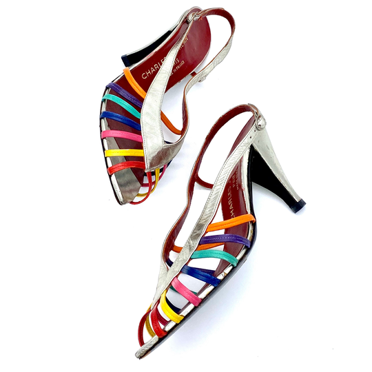 Colorful Rainbow Vintage 1970S Slingback Open Toe Sandal Heels, 70S Disco Multicolored Cute Heels Size 6