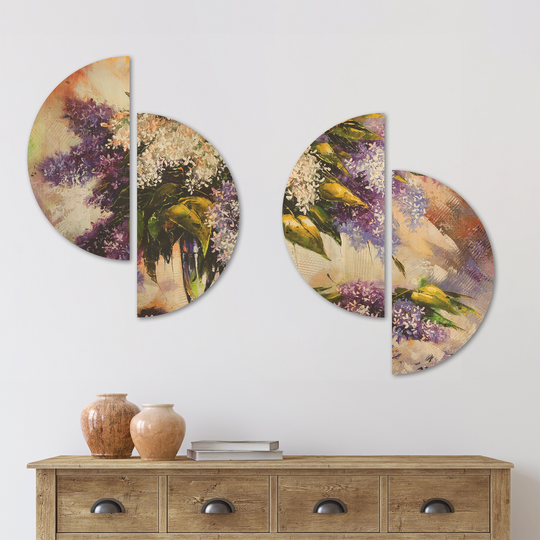 Designart 'Lilac Bouquet in a Vase' Floral Wood Wall Art Set of 4 Half Circles - Multi-Color
