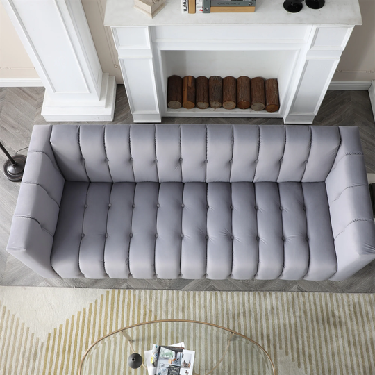 3-seat Sofa Couch Velvet Modern Chesterfield Sofa Living Room, Grey