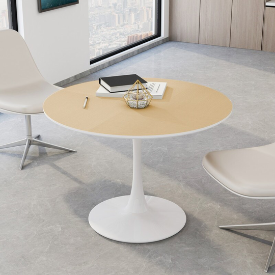 42" Modern Round Dining Table with Printed Oak Color Grain Table Top,Metal Base Dining Table, End Table Leisure Coffee Table