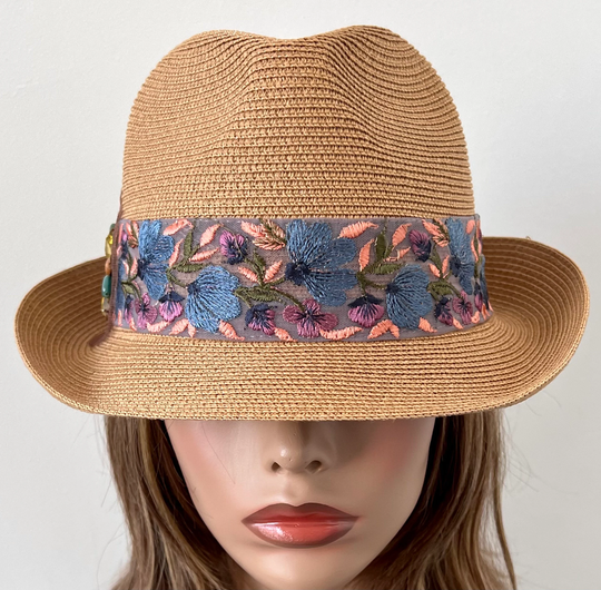 Women's Tan Wide Brim Straw Panama Hat With Colorful Trim & Beading, Upf 50+ Hat, Size 23" Up To 24" Ready Ship