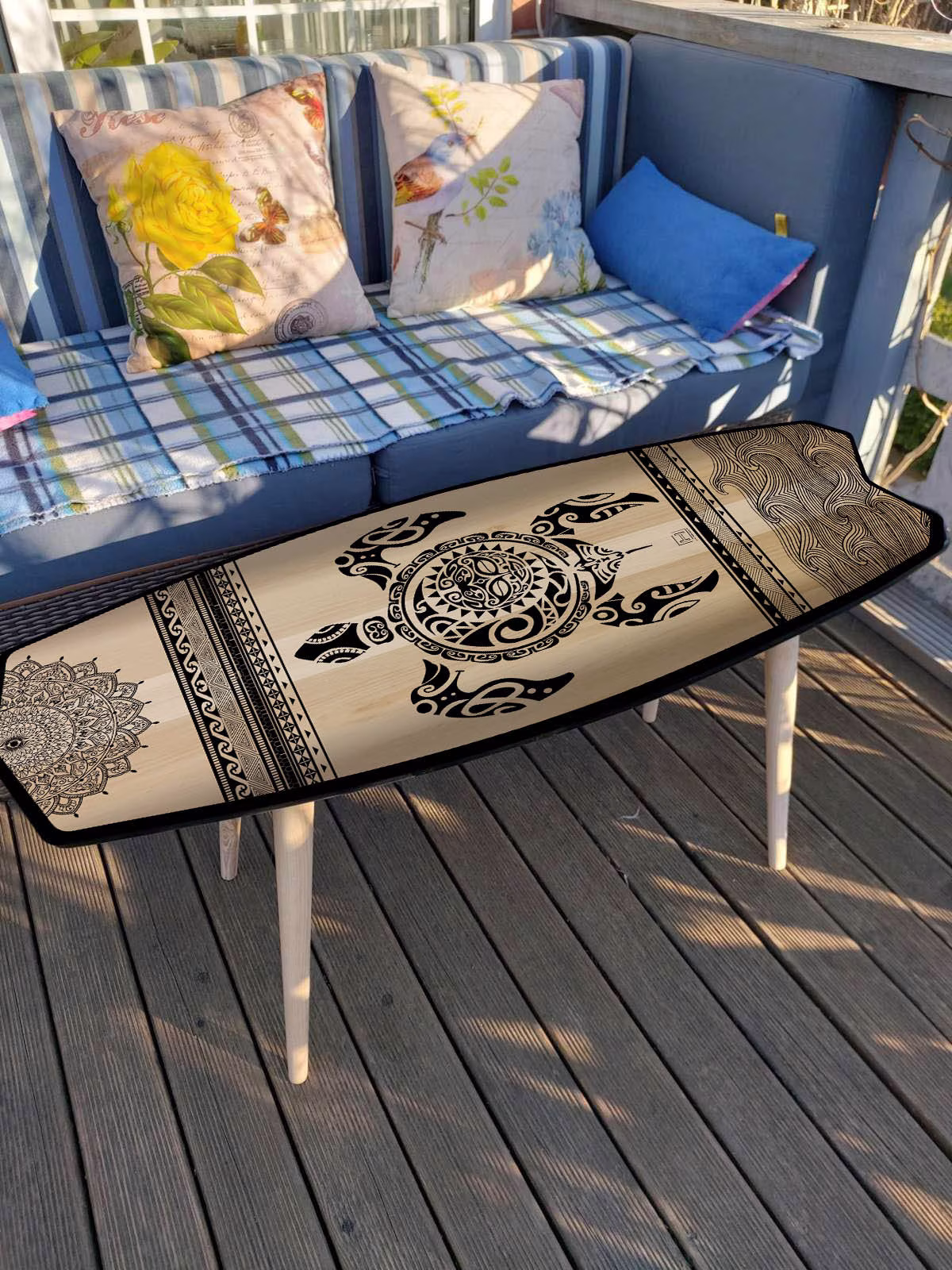 Surfboard Table, Maori, Turtle, Surfing Gift, Bar Decor, Beach Art Decor