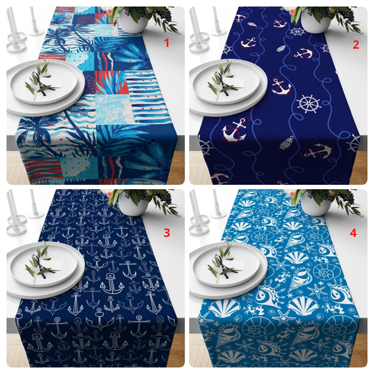 Coastal Tropical Table Runner, Anchor Covers, Decorative Toppers, Dark Blue Decor, Navy Themed Tablecloth, Nautical Design