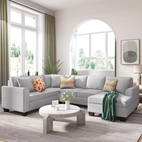 Classic U-shaped Sectional Sofa, Upholstered Modern English Arm Sofa with 3 Pillows
