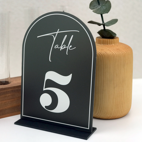 Black Arch Acrylic Wedding Table Numbers Frosted With Stand, Custom