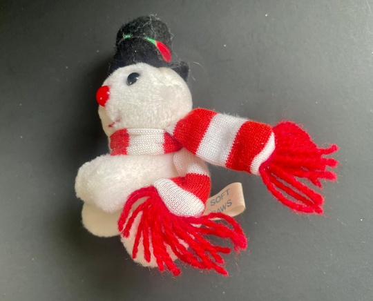 Vintage Snowman Pencil Clip On Plush Holder Christmas From Soft Paws, Toy Plastic Felt On Hugger Grabber Santa Toy
