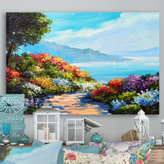 Designart 'Colorful Flowers In Coastal Scenery' French Country Canvas Wall Art