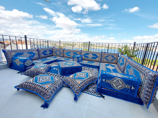 U Shaped Arabic Sofa Set, Terrace Pallet Sofa, Royal Blue Sectional Sofas, Floor Cushions, Majlis, Pouffs Turkish Seating Set