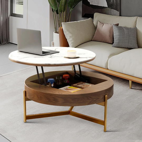 Modern Coffee Table, Lifting-top Round Coffee Table with Storage, Sintered Stone Top, Carbon Steel Legs