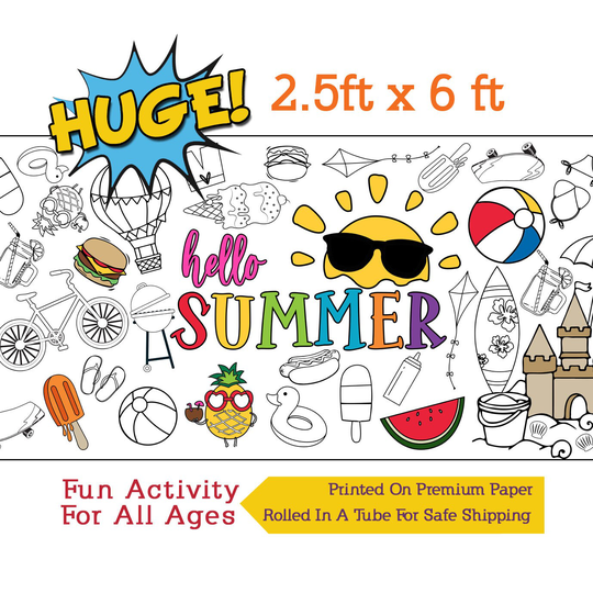 Summer Coloring Banner, Poster, Paper Tablecloth, Activity - 30" X 72" Inches