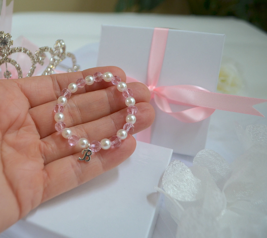 Pink Crystal Girls Bracelet, Personalized Kids Custom Name Pearl Gift For