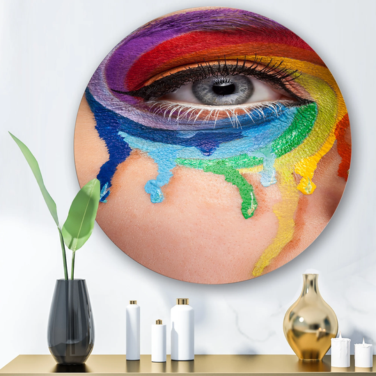 Designart 'Close Up Eye With Cry Colors In A Wheel Arround' Modern Metal Circle Wall Art