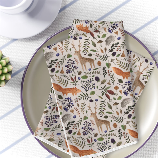 Forest Animals Table Napkins Woodland Dinner Napkins Set Of 4 Botanical Kitchen Decor Greenery Table Decoration Fox Deer Fabrics