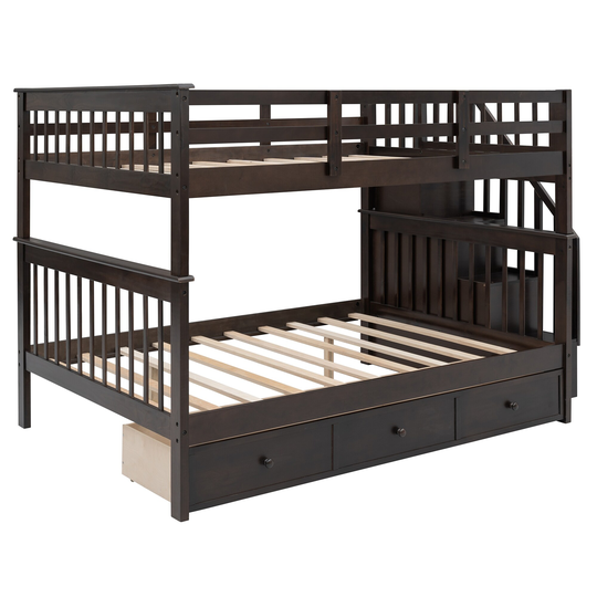 Stairway Full-Over-Full Bunk Bed with Drawer,Storage and Guard Rail