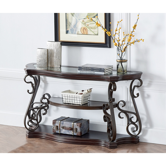 CTEX Sofa Table, Glass table top, MDF W/marble paper middle shelf, powder coat finish metal legs