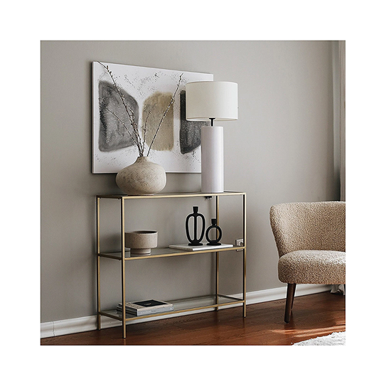 Modern Unbreakable Glass Narrow Entryway Console Table, Slimline Sideboard Table, Gold Dresuar, Metal Leg Table, Decorative Media Table