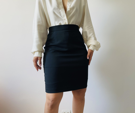 Vintage Fine Wool Mix Black Mini Pencil Skirt, Office Form Fitted Skirt