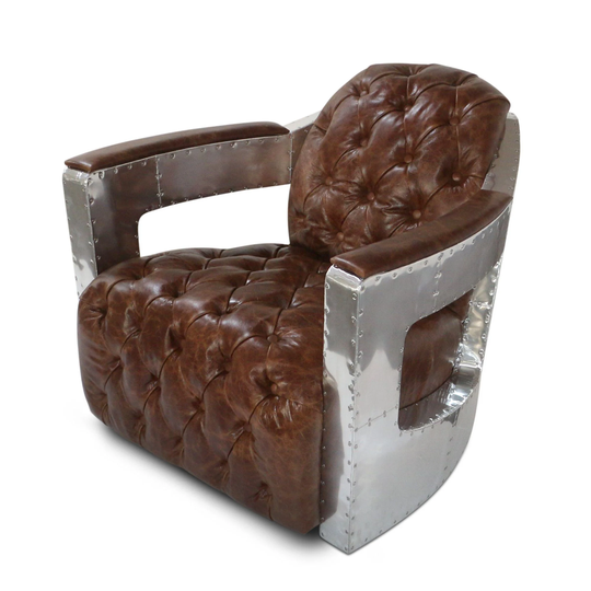 Aviator Spitfire Club Chair - Tufted Brown Genuine Leather Aluminum