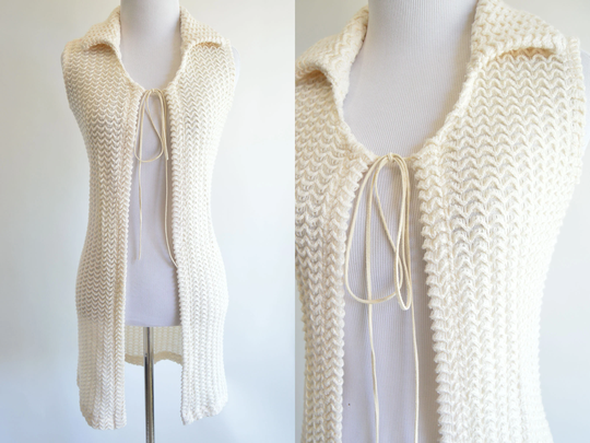 Cream Knit Long Open Front Vest Sweater Sleeveless Collared Y2K Rave Girl White Jagged 2000S Cardigan Xs Small