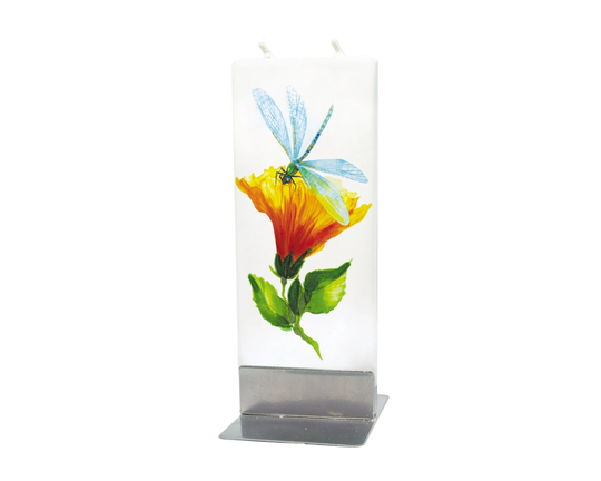 Hand Painted Flat Candle | Dragonfly On Hibiscus Small Unique Gift Spring Floral Shelf Décor